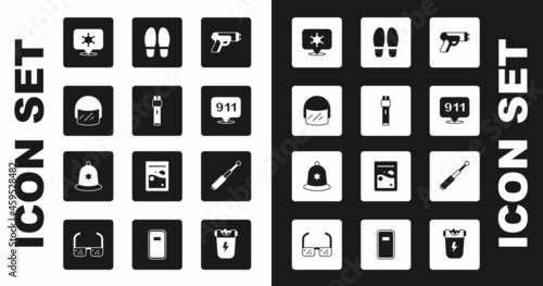 Set Police electric shocker, helmet, Hexagram sheriff, Telephone call 911, Footsteps, Telescopic baton and British police icon. Vector