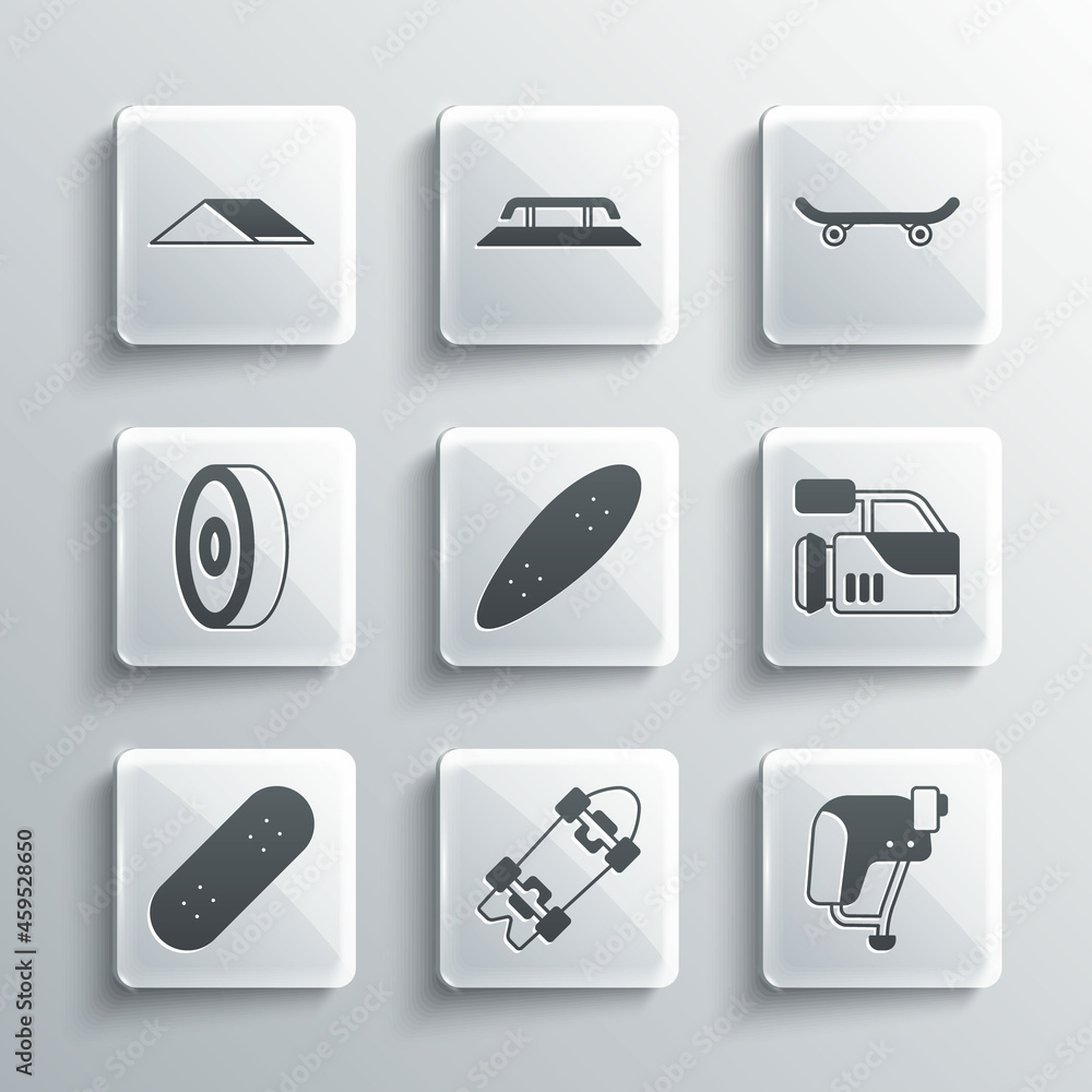Set Longboard or skateboard, Skateboard helmet, Cinema camera, ball bearing, park and icon. Vector Set Longboard or skateboard, Skateboard helmet, Cinema camera, ball bearing, park and icon. Vector