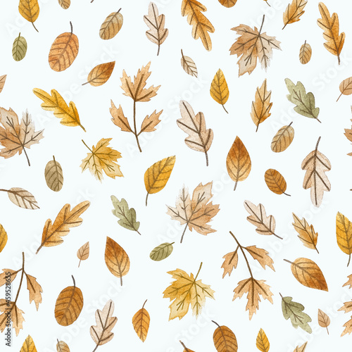 Watercolor autumn leaves pattern. Seamless texture for textile, fabric, apparel, wrapping, paper, stationery.