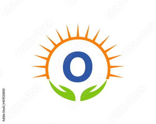 Charity Logo With Hand, Sun And O Letter Concept. Letter O Charity Logo Template Donation Organization Logotype Vector
