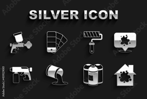 Set Paint bucket, spray, Painting the house, can, gun, roller brush, and Color palette guide icon. Vector