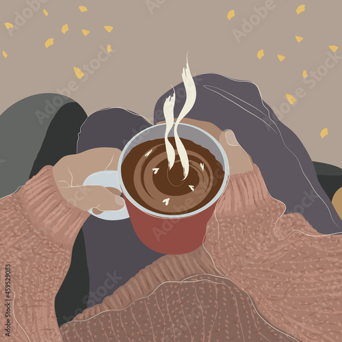Woman in sweater sitting in an armchair with a cup of coffee in her hands. Autumnal winter illustration holding a cup. Lined art, flat style. Terracotta and soft pink tones tones with abstract decor. 