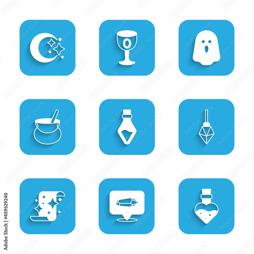Set Bottle with potion, Magic stone, scroll, Witch cauldron, Ghost and Moon and stars icon. Vector Set Bottle with potion, Magic stone, scroll, Witch cauldron, Ghost and Moon and stars icon. Vector