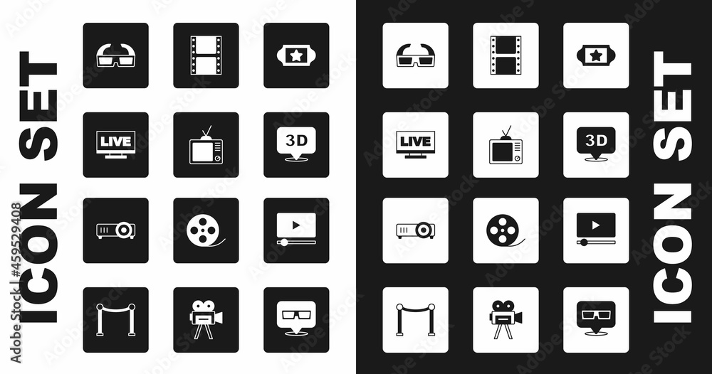 Set Cinema ticket, Retro tv, Live stream, 3D cinema glasses, word, Play video, Online play and Movie, film, media projector icon. Vector Set Cinema ticket, Retro tv, Live stream, 3D cinema glasses, word, Play video, Online play and Movie, film, media projector icon. Vector