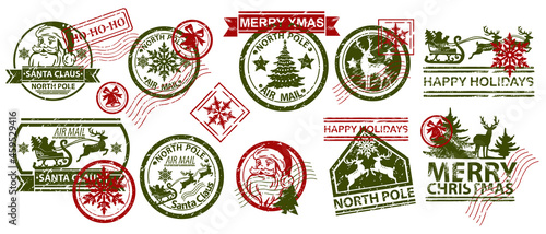 Christmas mail stamp vector illustration set, Santa Claus vintage postmark design, holiday winter mail. New Year grunge postal label, holiday snowflake card, reindeer silhouette. Christmas stamp tag