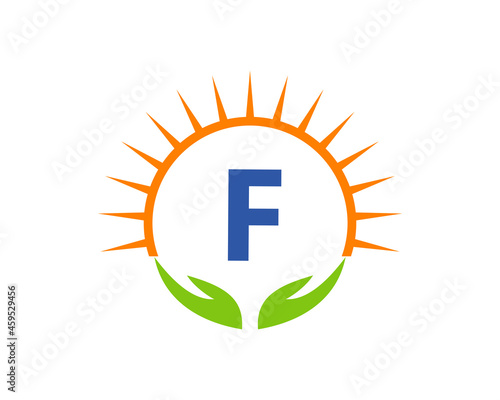 Charity Logo With Hand, Sun And F Letter Concept. Letter F Charity Logo Template Donation Organization Logotype Vector