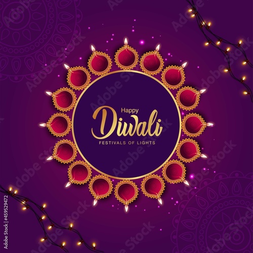 Indian festival Happy Diwali with Diwali props, holiday Background, Diwali celebration greeting card, vector illustration design.