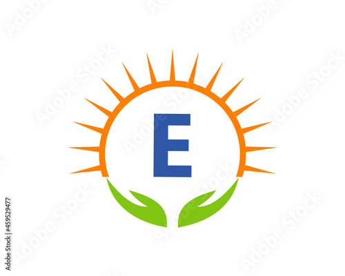 Charity Logo With Hand, Sun And E Letter Concept. Letter E Charity Logo Template Donation Organization Logotype Vector