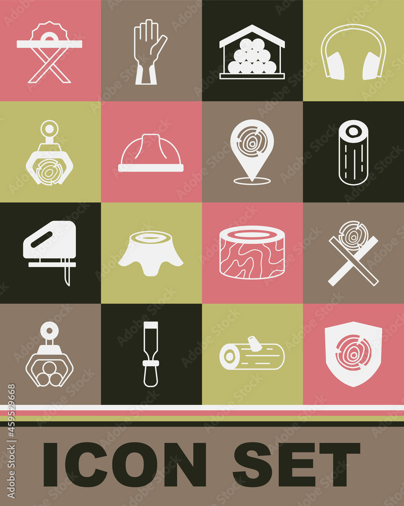 Set Wooden logs, on a stand, Worker safety helmet, Grapple crane grabbed, Electric circular saw and icon. Vector Set Wooden logs, on a stand, Worker safety helmet, Grapple crane grabbed, Electric circular saw and icon. Vector