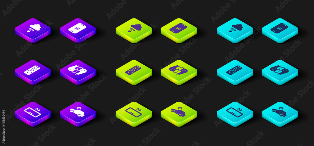 Set Computer keyboard, Smart car system, Remote control, Air headphones, Mobile with 5G and Network cloud connection icon. Vector Set Computer keyboard, Smart car system, Remote control, Air headphones, Mobile with 5G and Network cloud connection icon. Vector