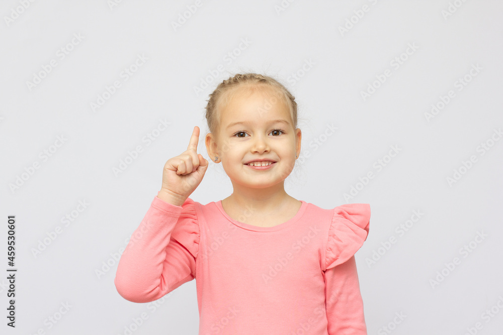 Portrait of nice cute lovely attractive adorable girlish cheerful cheery positive funny point finger up isolated over white background Portrait of nice cute lovely attractive adorable girlish cheerful cheery positive funny point finger up isolated over white background