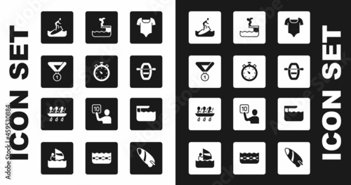 Set Swimsuit, Stopwatch, Medal, Surfboard, Boat with oars, Swimmer diving into pool, Diving or springboard and Canoe rowing team sports icon. Vector