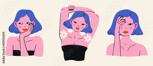 A set of three female stickers. Body positive concept. Portrait of a lovely girl, isolated on beige. Cartoon character. Natural beauty. Hand drawn colorful illustration for social media, covers.