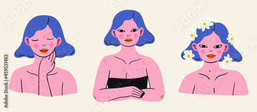 A set of three female stickers. Body positive concept. Portrait of a lovely girl, isolated on beige. Cartoon character. Natural beauty. Hand drawn colorful illustration for social media, covers.