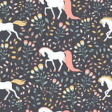 Seamless texture, beautiful horses on a background of flowers and plants. For fabric, background, textiles, wallpaper, wrapping paper.