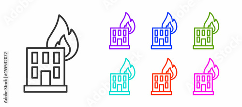 Black line Fire in burning building on city street icon isolated on white background. Destroyed city on fire. Set icons colorful. Vector