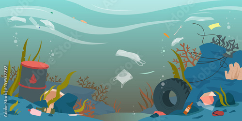 Ocean, sea or river water polluted with garbage waste vector illustration. Cartoon dirty underwater landscape with pollution, plastic bottle and bag, paper packaging environmental damage background