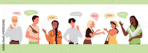 International people greeting, speak different native languages vector illustration. Cartoon multicultural multilingual diverse communication, group of man woman speaker characters talk background © Natalia