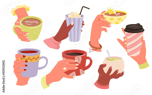 Cartoon hand holding mug of warm beverage, morning espresso or chocolate with marshmallow isolated on white. Hands hold coffee or tea cup set, people with cafe take away hot drink vector illustration