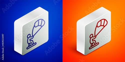 Isometric line Kitesurfing icon isolated on blue and orange background. Silver square button. Vector