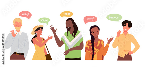 People say hello on different languages, global international communication concept vector illustration. Cartoon man woman characters talk, speech conversation with chat bubbles isolated on white