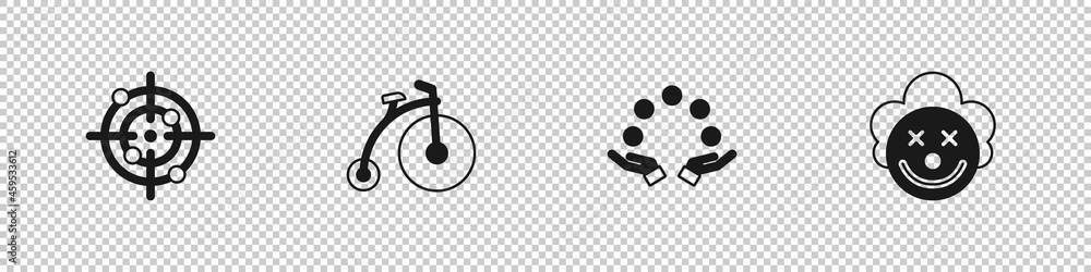 Obraz premium Set Target sport, Vintage bicycle, Juggling ball and Clown head icon. Vector