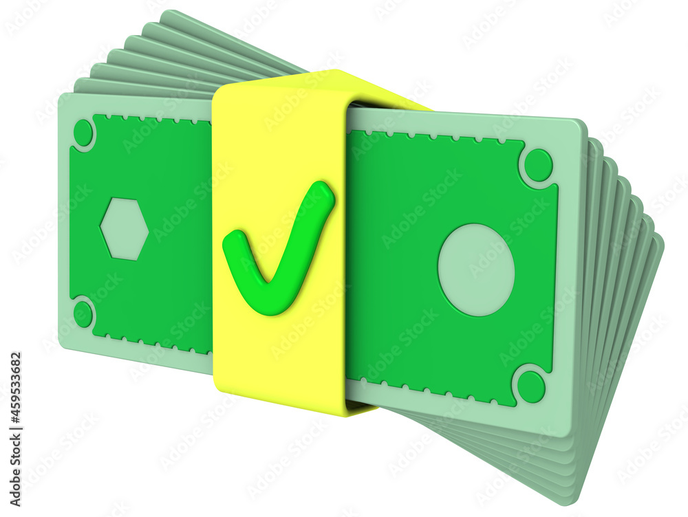 A bundle of cash. A stack of bills tied with a yellow ribbon with green check mark. Isolated. 3D illustration A bundle of cash. A stack of bills tied with a yellow ribbon with green check mark. Isolated. 3D illustration