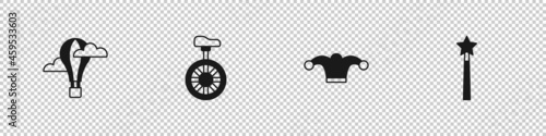 Set Hot air balloon, Unicycle or one wheel bicycle, Jester hat with bells and Magic wand icon. Vector
