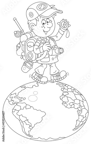 Cheerful tourist with his backpack for traveling, waving his hand in greeting and walking on a spinning globe, black and white outline vector cartoon illustration for a coloring book page