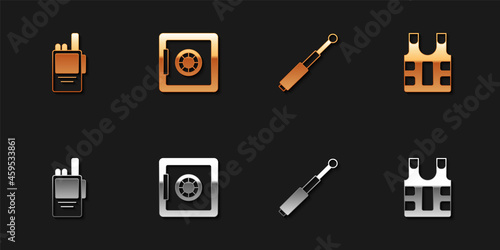 Set Walkie talkie, Safe, Telescopic baton and Bulletproof vest icon. Vector