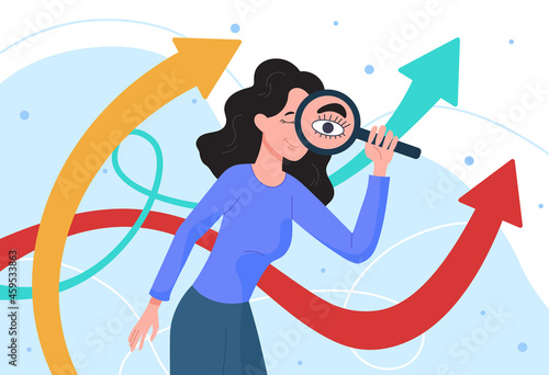 Young female character is looking into the future for new business opportunities through magnifier on white background. Concept of people striving for future success. Flat cartoon vector illustration