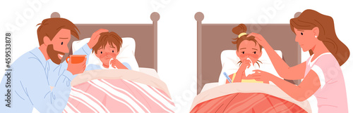Sick child lying in bed at home bedroom, childhood disease illness set vector illustration. Cartoon father character sitting next to son with cold fever, mother and sick daughter isolated on white