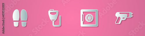 Set paper cut Footsteps, Walkie talkie, Safe and Police electric shocker icon. Paper art style. Vector