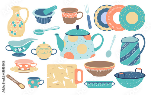 Vintage kitchenware, cutlery to cook food in home kitchen vector illustration set. Cartoon fork tools and cup, dish bowl, plate with cute pattern for family dinner, retro tableware isolated on white