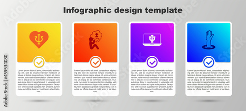 Set Psychology, Psi, Man graves funeral sorrow, Psychologist online and Helping hand. Business infographic template. Vector