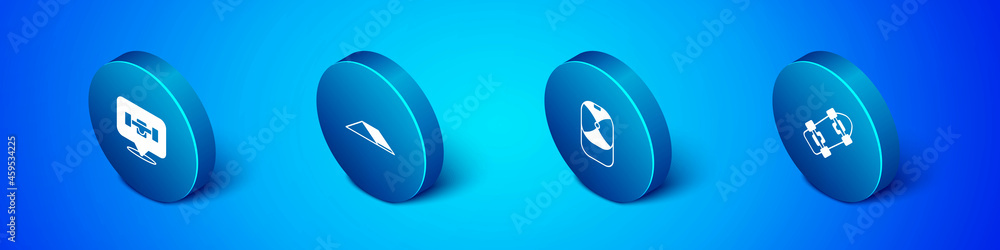 Set Isometric Skateboard wheel, Baseball cap, and park icon. Vector Set Isometric Skateboard wheel, Baseball cap, and park icon. Vector