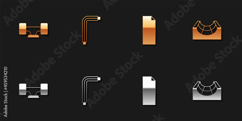 Set Skateboard wheel, Tool allen keys, Grip tape on skateboard and park icon. Vector