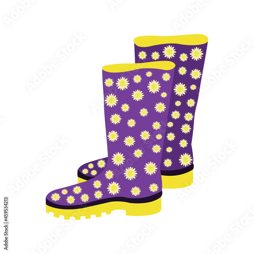 Rubber boots with daisies cartoon illustration. Cute purple boots for rainy weather hand-drawn. Isolated on white background.