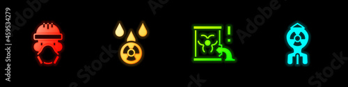 Set Nuclear reactor worker, Acid rain and radioactive cloud, Radioactive waste barrel and bomb icon. Vector