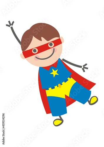 Flying hero, boy at carnival mask, cute vector illustration