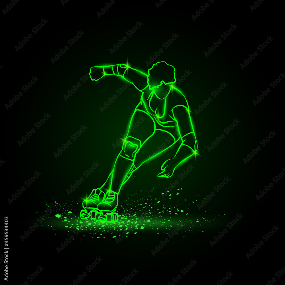 Professional roller girl rides. Vector green neon roller sport illustration on a black background.