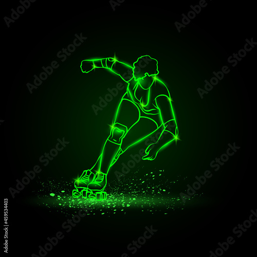 Professional roller girl rides. Vector green neon roller sport illustration on a black background.