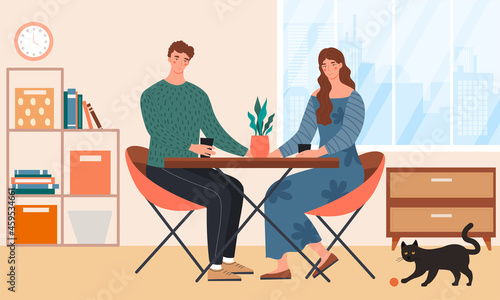 Cute couple is enjoying cozy romantic date at home. Man and woman having nice talk while drinking soft drinks. Couple in love is spending time together. Flat cartoon vector illustration