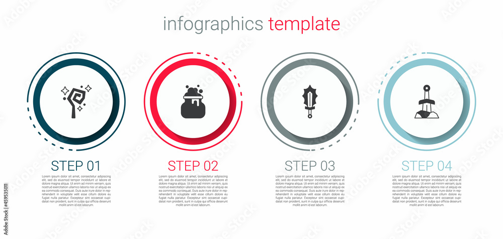 Set Magic staff, Witch cauldron, sword in fire and Sword the stone. Business infographic template. Vector Set Magic staff, Witch cauldron, sword in fire and Sword the stone. Business infographic template. Vector