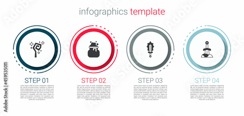 Set Magic staff, Witch cauldron, sword in fire and Sword the stone. Business infographic template. Vector