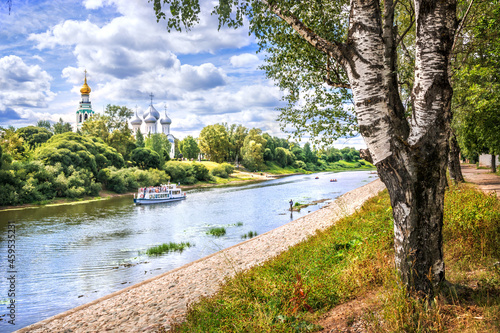 Kremlin and motor ship on the river in Vologda on a summer sunny day