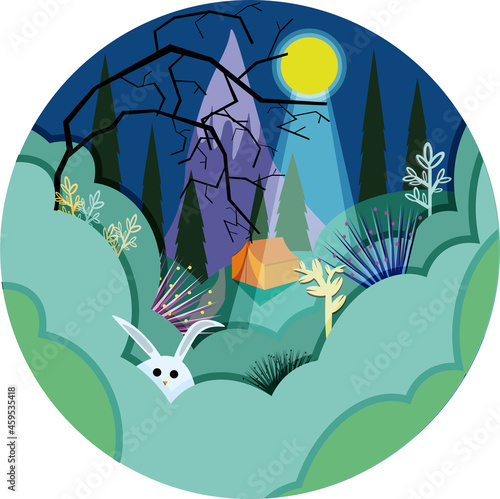 forest glade with plants, a hare against the backdrop of a mountain and a tent in the moonlight