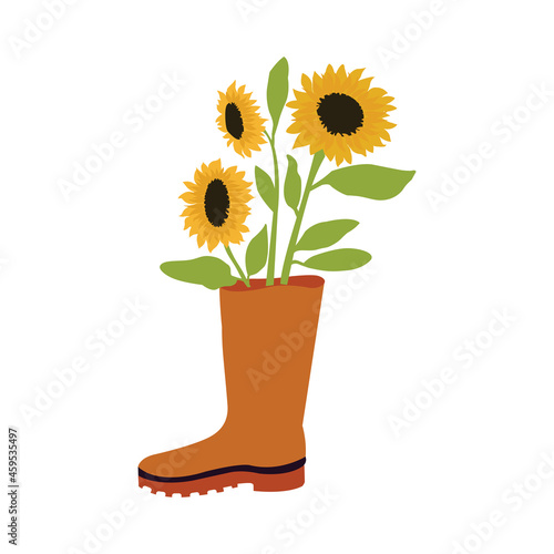 Rubber boot with sunflowers, autumnal illustration flat illustration. Single object. Isolated on white background.
