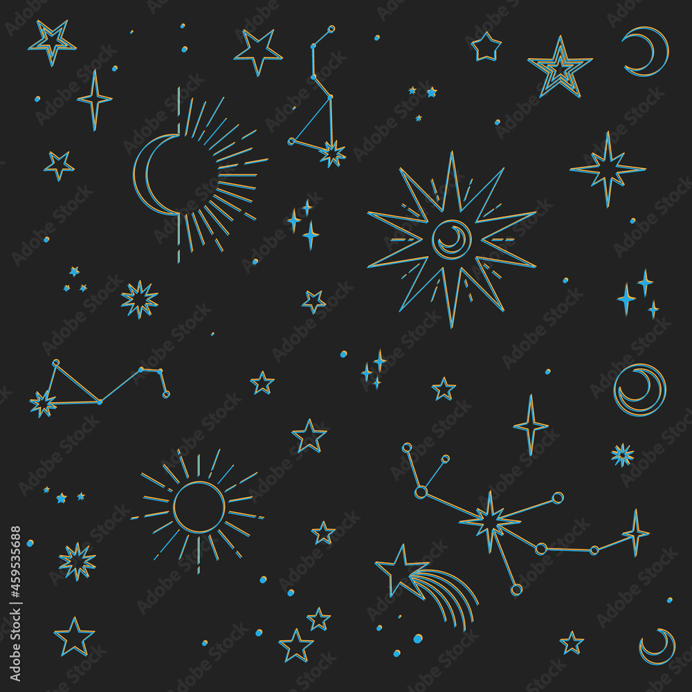 Astral elements vector design. Cosmic, celestial background. Stars, planets, sun, cosmos linear icons.