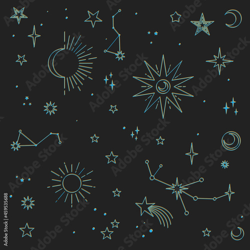 Astral elements vector design. Cosmic, celestial background. Stars, planets, sun, cosmos linear icons.